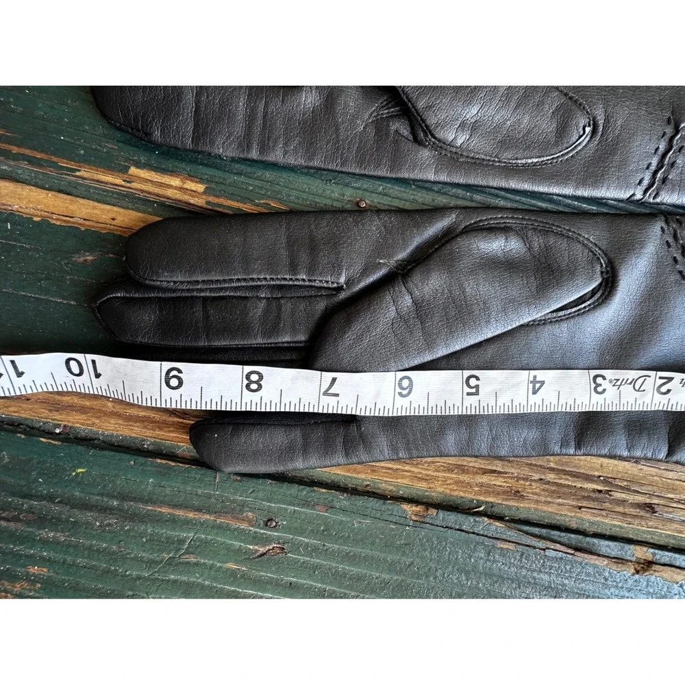 Vintage Dark Brown Leather Gloves Decorative Stitching Knit Lined Size 7.5-8.5